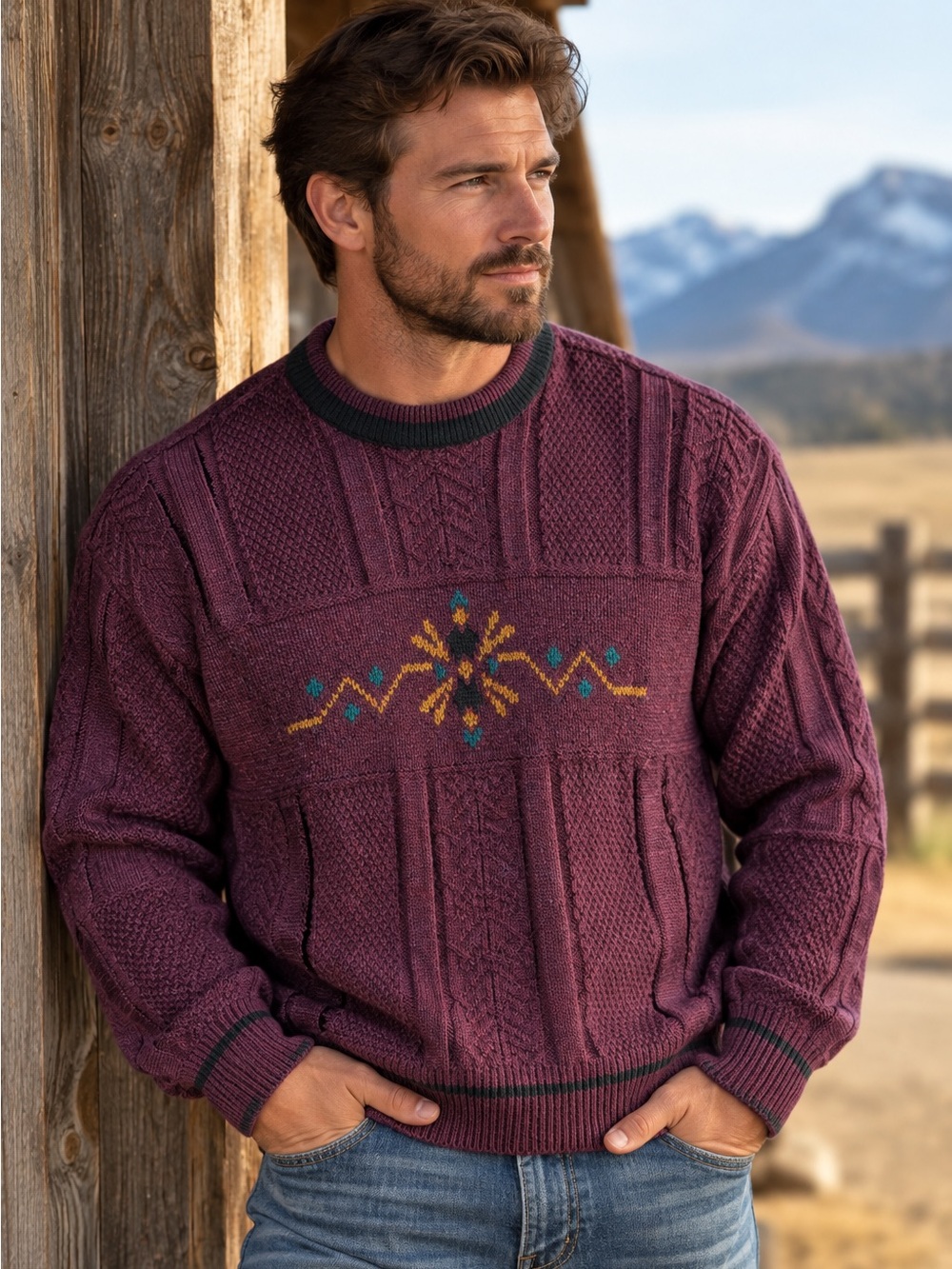 Vintage Burgundy Knit Crewneck Sweater with Center Embroidery